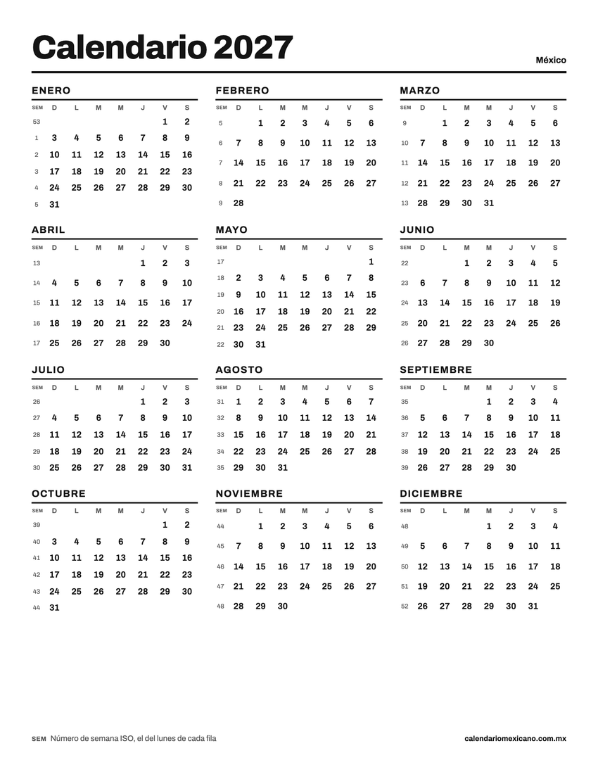 Vista previa del calendario 2027 para imprimir, anual sin festivos, vertical