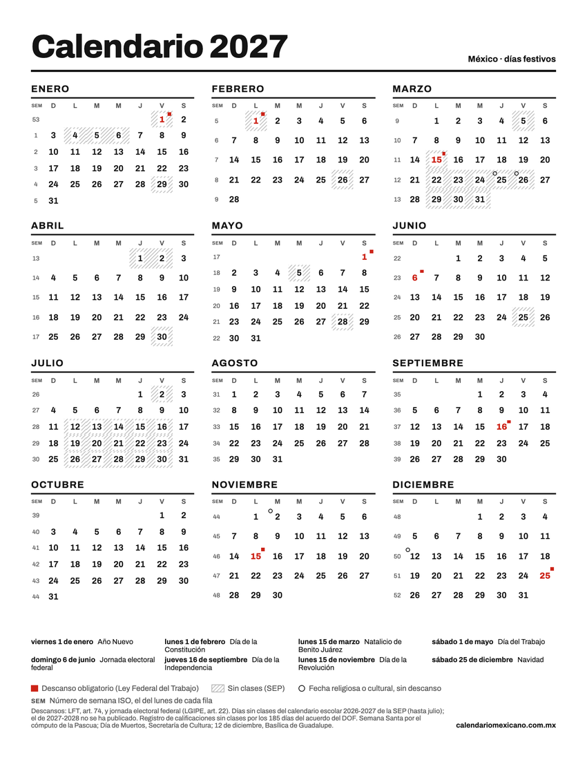 Vista previa del calendario 2027 de México anual con días festivos, tamaño carta vertical