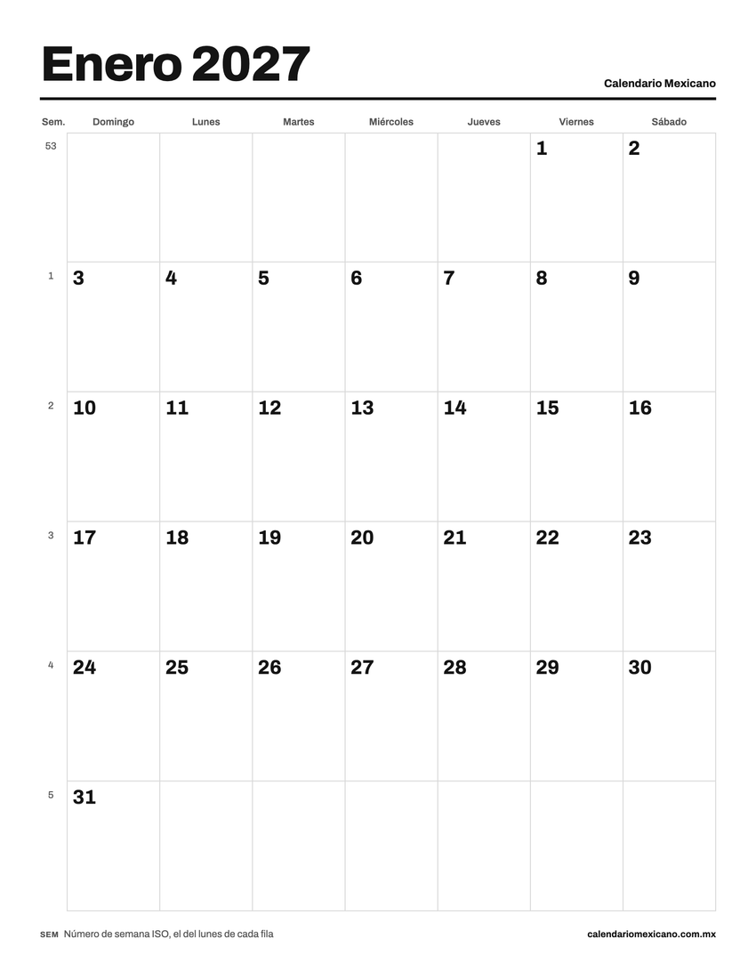 Vista previa del calendario 2027 para imprimir, mensual sin festivos, vertical