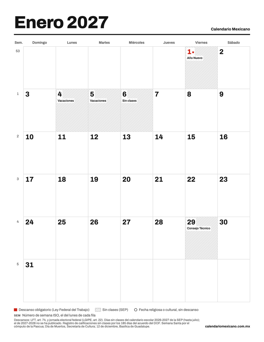 Vista previa del calendario 2027 para imprimir, mensual con días festivos, vertical